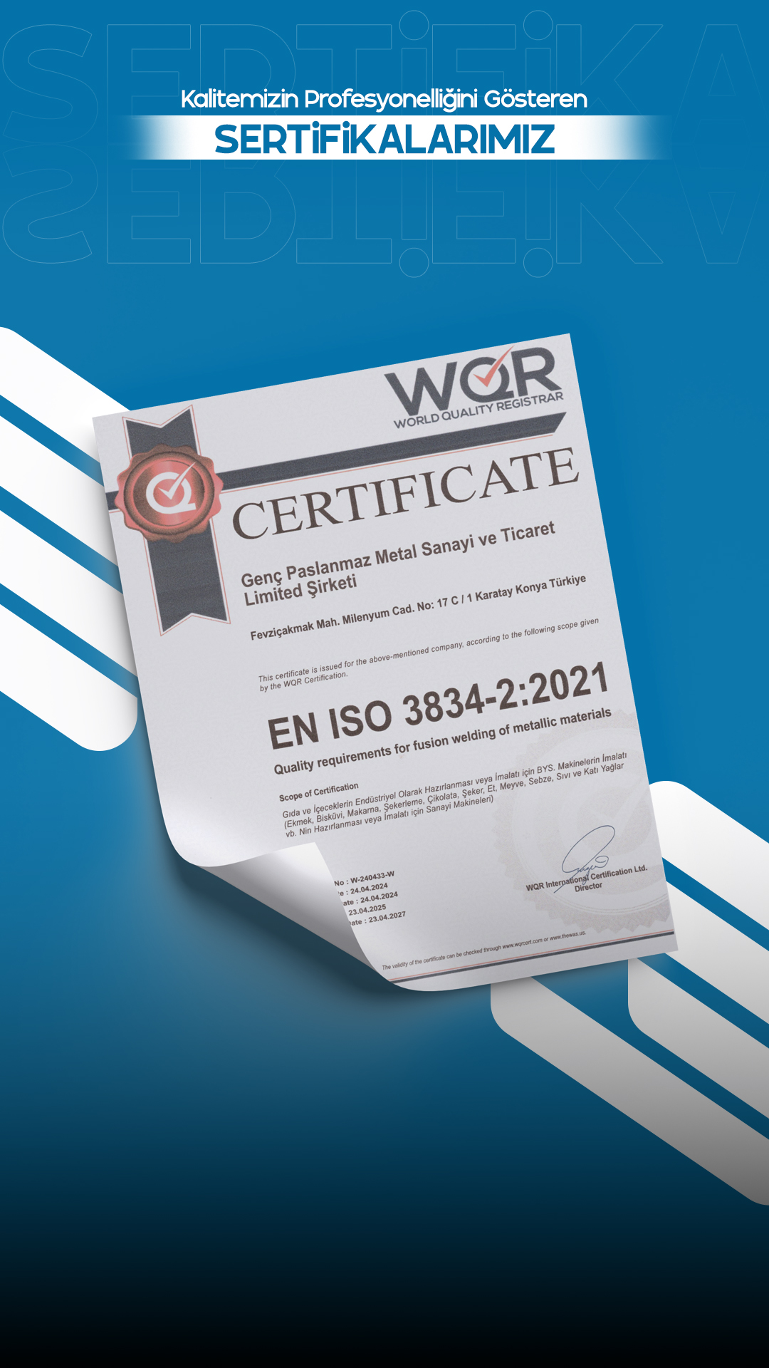EN ISO 3834-22021 kalite belgesi